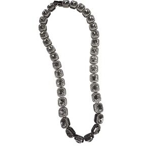 Chunky Silver Tone Cushion Cut Rhinestone Necklace Statement Sparkle